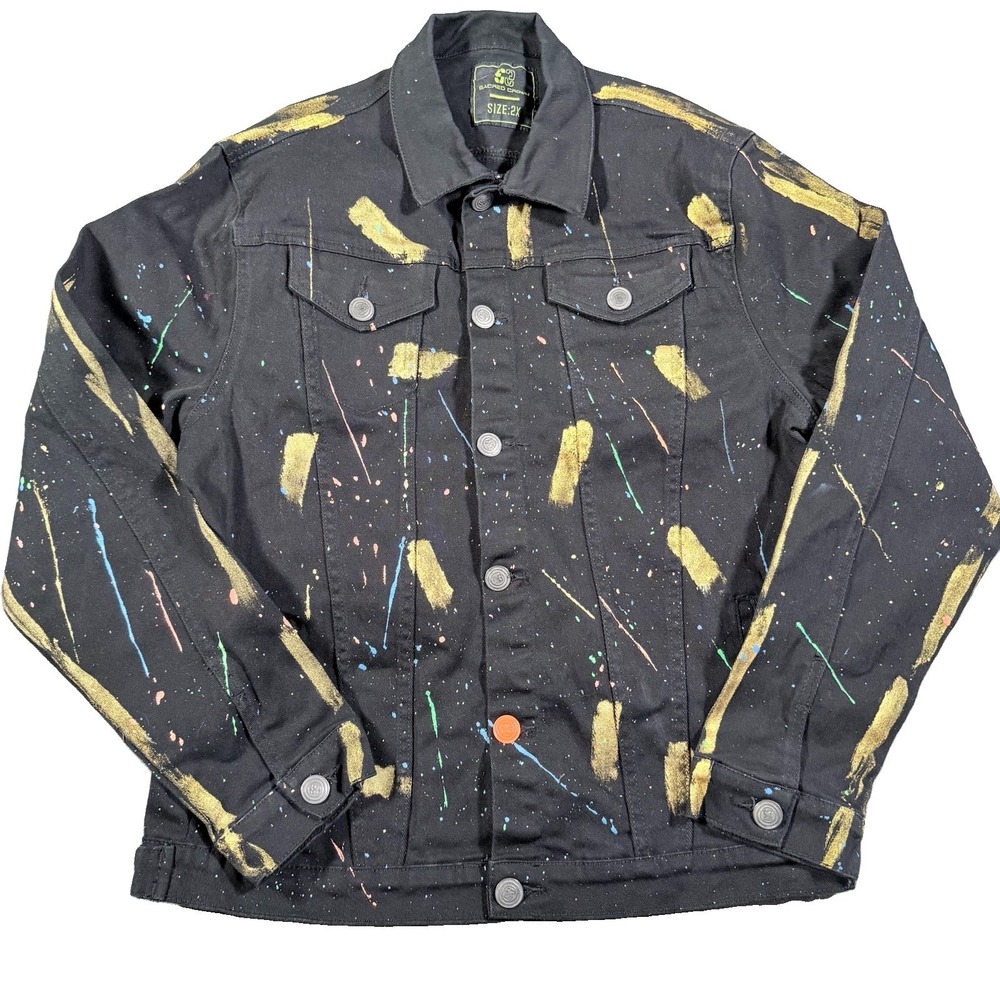 Sacred Crown Denim Jacket Mens 2X XXL Black Paint Splatter Graffiti Streetwear
